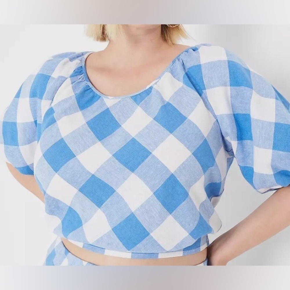 Lane Bryant Checkered Top Linen Blend crop blouse Size 24 blue and white